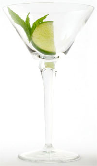Martini glass, with mint and lime slice garnish, ready and waiting